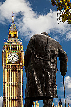 铜像,丘吉尔,塔,大本钟,威斯敏斯特,伦敦,英格兰