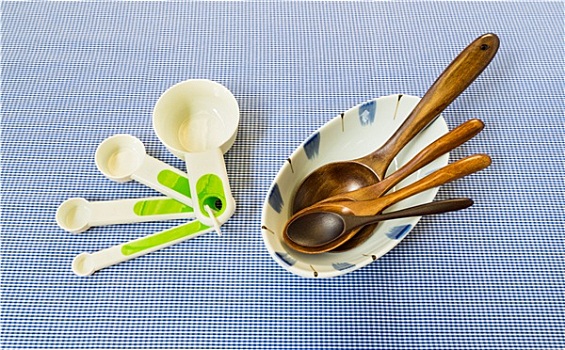 测量,勺子,四个,木勺,白色背景,碗,背景
