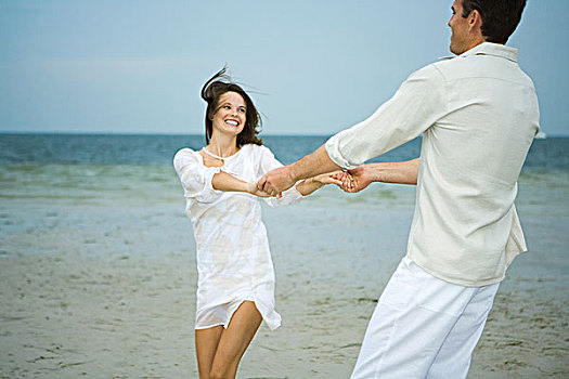 男人,美女,伙伴,海滩,握手,晃动,相互