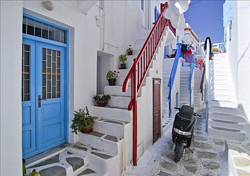 特色,楼梯,摩托车,狭窄,小路,米克诺斯岛,基克拉迪群岛,希腊,欧洲