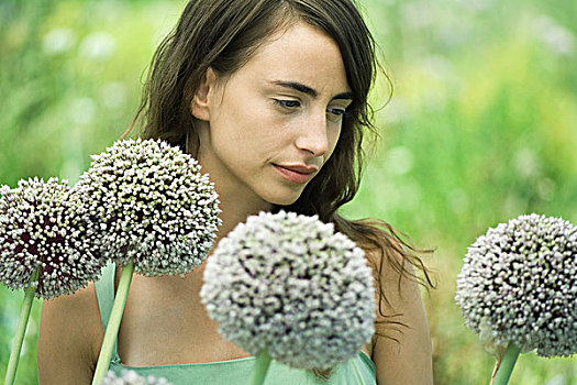 女人,葱属植物,花,上半身