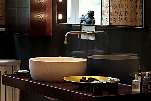 时髦,浴室,洗,碗,木质,桌子,精致,高档,豪华,氛围