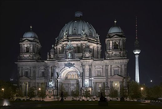 夜晚,柏林大教堂,电视塔,背景,柏林,德国,欧洲