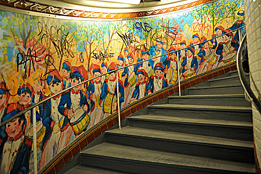壁画,描绘,楼梯,艺术,地铁,巴黎,法国,欧洲