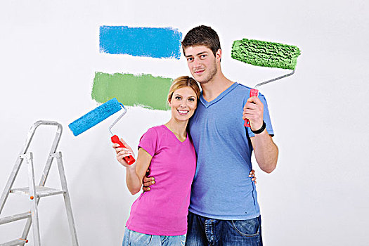 高兴,年轻,情侣,绘画,绿色,蓝色,白墙,新家