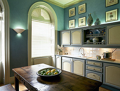 厨房,蓝色,涂绘,柜橱,木桌子