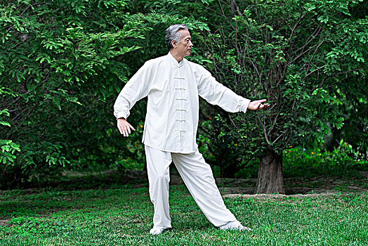 站在草坪上练太极的老年男性