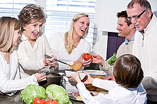 祖母,家庭,笑,厨房