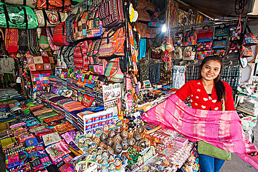 柬埔寨,收获,老,市场,女孩,销售,丝绸,商品