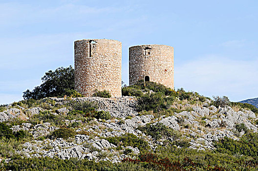 历史,风车,山,白色海岸,阿利坎特省,西班牙,欧洲