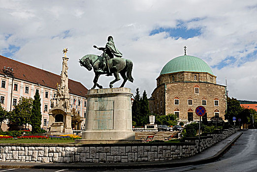 骑马雕像,教堂,背景,清真寺,广场,匈牙利