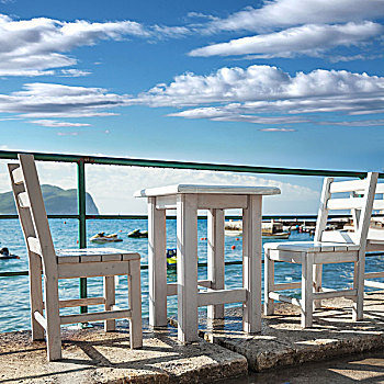 白色,木椅,桌子,站立,亚德里亚海,海岸