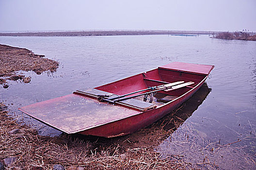 停泊在湖岸的小船