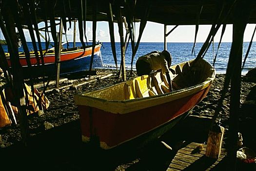 渔船,防护,简单,茅草屋顶,马提尼克岛