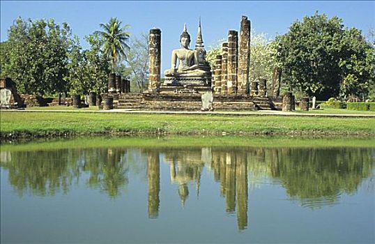 泰国,素可泰,玛哈泰寺,佛像,柱子,反射,水塘