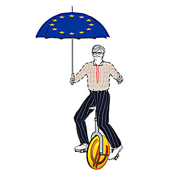 男人,骑,单轮车,1欧元,象征,拿着,伞,股票经纪,插画