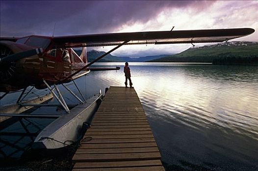 捕鱼者,湖,住宿,水上飞机,停靠,阿拉斯加山脉,室内,夏天,景色
