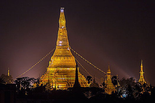 大金塔,夜晚,仰光,缅甸,亚洲