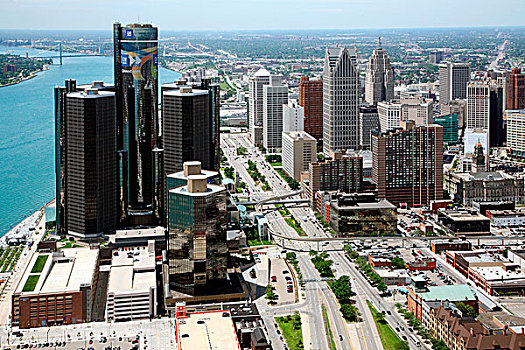 俯视,看,南,杰斐逊,市区,底特律,河,背景