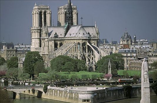 法国,巴黎,圣母大教堂,全视图,塞纳河