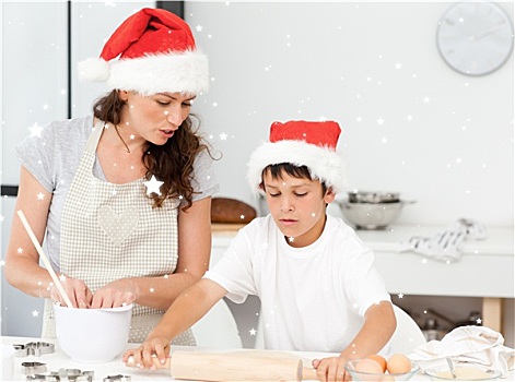 合成效果,图像,母亲,儿子,准备,圣诞饼干,一起