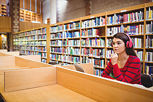 思想,女学生,耳机,图书馆,坐