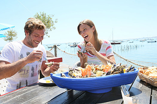 情侣,海鲜,餐馆,味道,清新,牡蛎