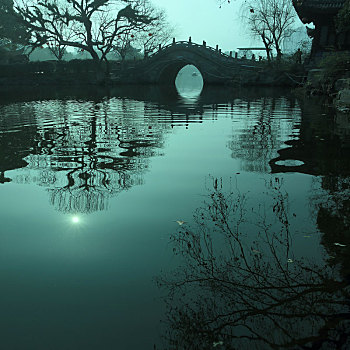 桥,水,倒影,月夜,天空