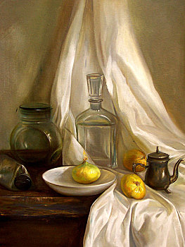 油画,透,酒瓶,洋葱,盘子,白色的布,壶