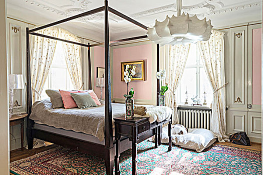 床,木框,浪漫,卧室,淡色调,粉色,墙壁,花,家,纺织品