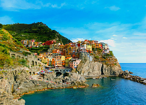 彩色,传统,房子,石头,上方,地中海,马纳罗拉,五渔村,意大利