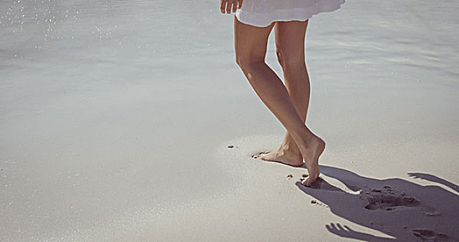 女人,走,赤脚,海滩
