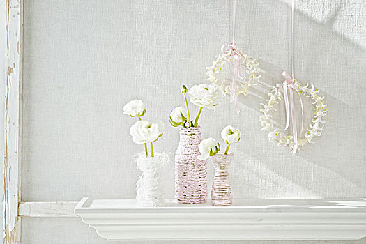 白色,毛茛属植物,玻璃瓶,包装,绳,花环,花,丝绸,带