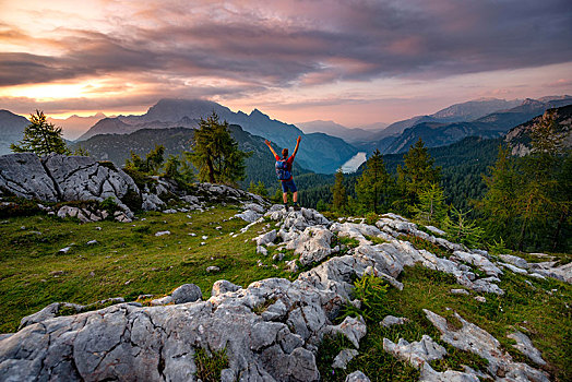 远足,手臂,空气,顶峰,风景,日落,左边,瓦茨曼山,国家公园,贝希特斯加登地区,上巴伐利亚,巴伐利亚,德国,欧洲