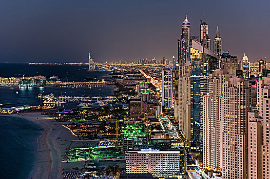 城市,迪拜,阿联酋,黄昏,光亮,摩天大楼,海岸线,波斯湾