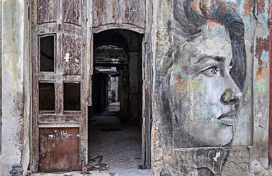 衰败,街头艺术,墙壁,入口,古巴,房子,哈瓦那旧城