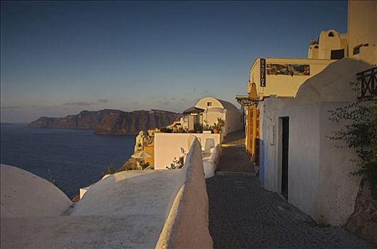 房子,悬崖,晨光,锡拉岛,基克拉迪群岛,爱琴海,希腊