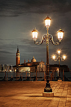 威尼斯,夜晚,路灯,圣乔治奥,马焦雷湖,教堂,意大利