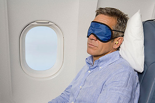 一个,男人,穿,眼罩,睡觉,飞机