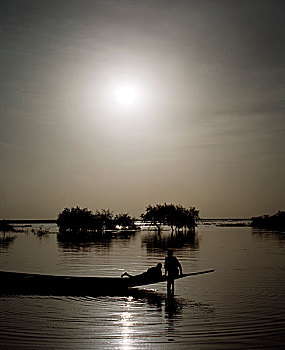 两个男孩,剪影,独木舟,船,尼日尔河