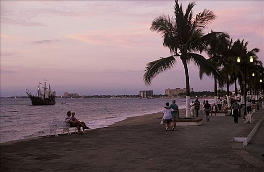 游客,走,下方,棕榈树,海滩,散步场所,黄昏,波多黎各,墨西哥