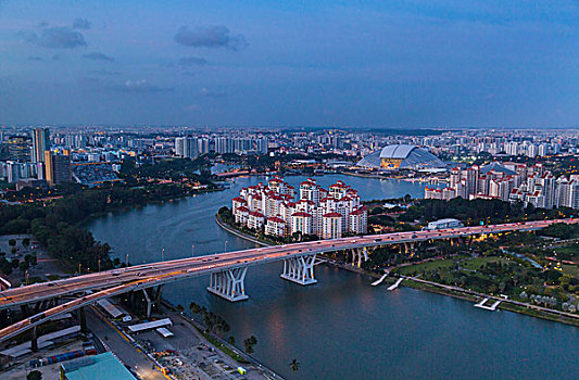 城市,公路,桥,公寓,黄昏,新加坡,东南亚