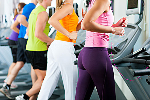 跑,跑步机,健身房,健身俱乐部,群体,女人,男人,练习,收获,健身