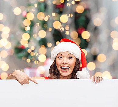 圣诞节,圣诞,人,广告,销售,概念,高兴,女人,圣诞老人,帽子,留白,白板,上方,树,背景
