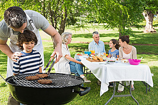 父子,烧烤架,家庭,午餐,公园