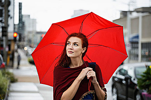 美女,红发,拿着,红色,伞