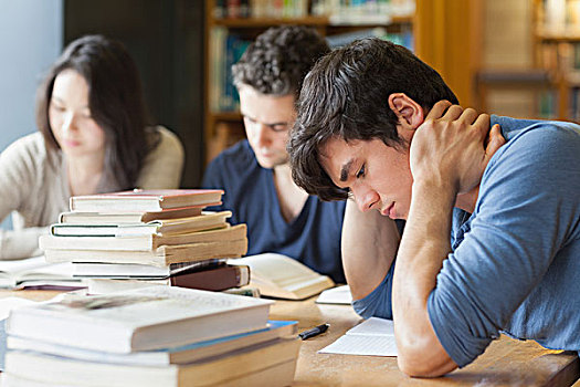 学生,入睡,书桌,大学,图书馆