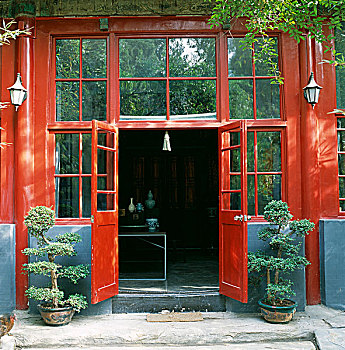 中国,入口,玻璃,火,红色,漆器,木,盆景树,锅,旁侧,打开,一对,门