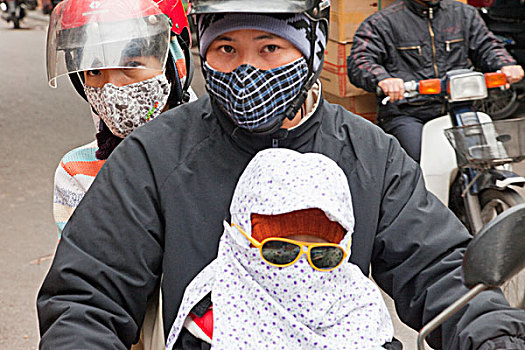 越南,河内,家庭,摩托车,穿,污染,面具