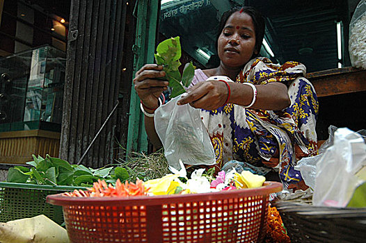 女人,销售,花,印度,礼拜,市场,老,达卡,孟加拉,九月,2005年